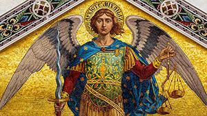 Mosaic of the Archangel Michael on the northern entrance of the Church of Saint Spyridon, Trieste, Italy. iStock photo.