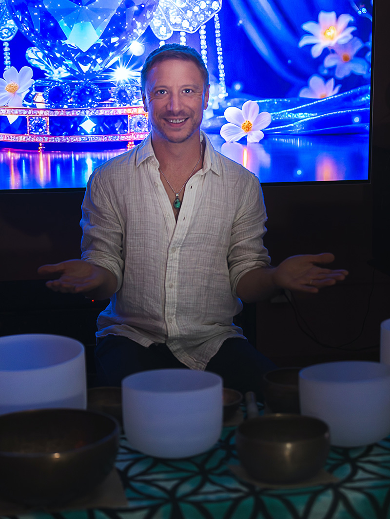 Bradford Tilden with his crystal singing bowls at the Sound Healing Meditation at Sanare Wellness in Southington, CT